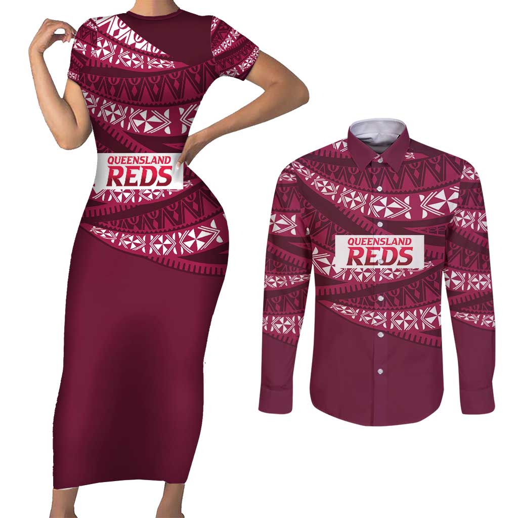 Queensland Rugby Pacific Custom Couples Matching Short Sleeve Bodycon Dress and Long Sleeve Button Shirt Pasifika Tapa Pattern