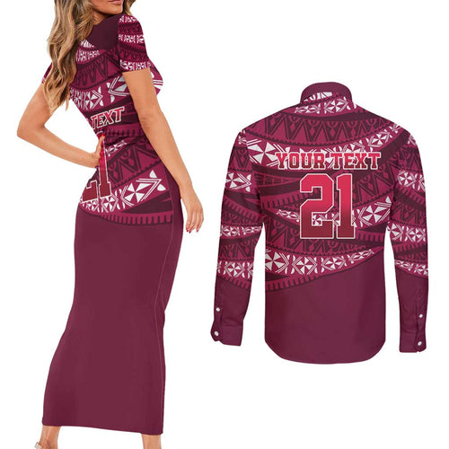 Queensland Rugby Pacific Custom Couples Matching Short Sleeve Bodycon Dress and Long Sleeve Button Shirt Pasifika Tapa Pattern