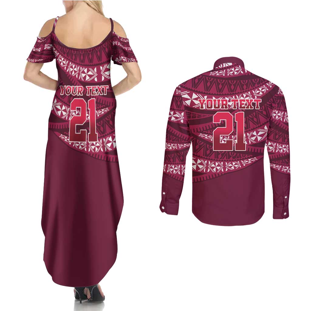 Queensland Rugby Pacific Custom Couples Matching Summer Maxi Dress and Long Sleeve Button Shirt Pasifika Tapa Pattern