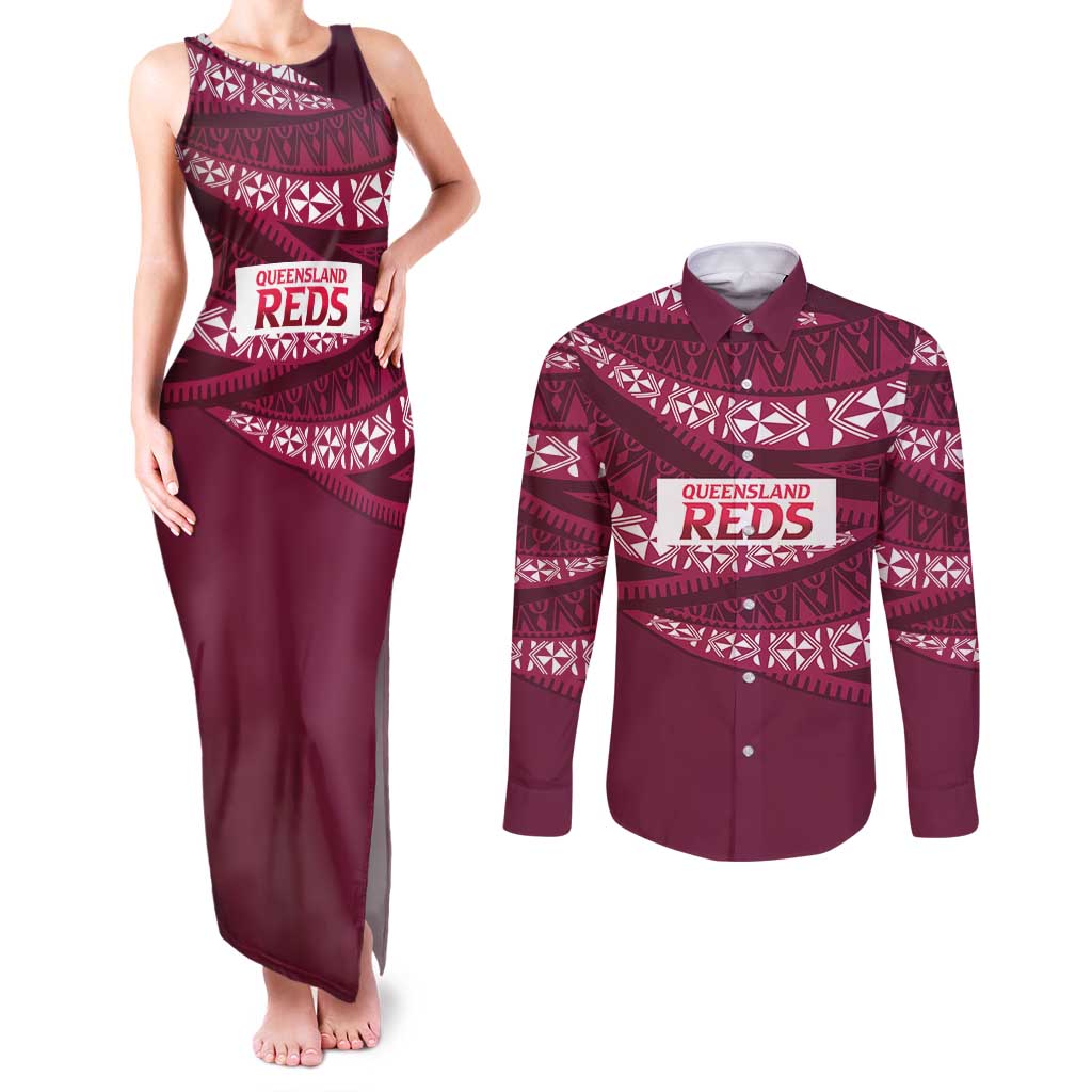 Queensland Rugby Pacific Custom Couples Matching Tank Maxi Dress and Long Sleeve Button Shirt Pasifika Tapa Pattern