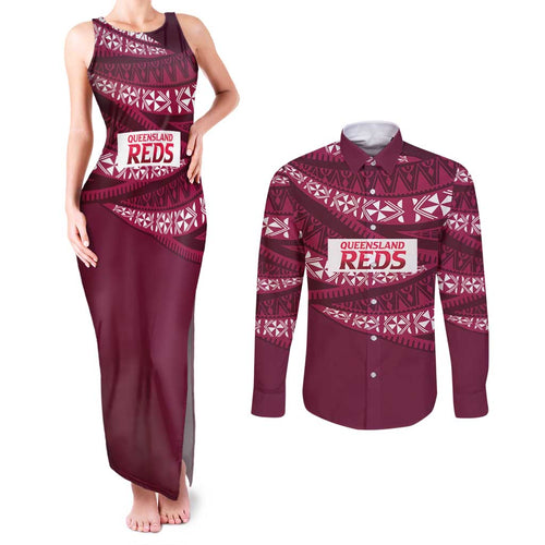 Queensland Rugby Pacific Custom Couples Matching Tank Maxi Dress and Long Sleeve Button Shirt Pasifika Tapa Pattern