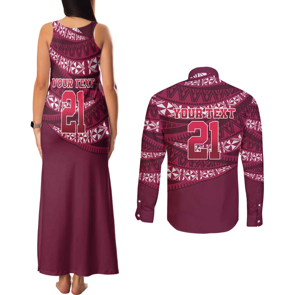 Queensland Rugby Pacific Custom Couples Matching Tank Maxi Dress and Long Sleeve Button Shirt Pasifika Tapa Pattern
