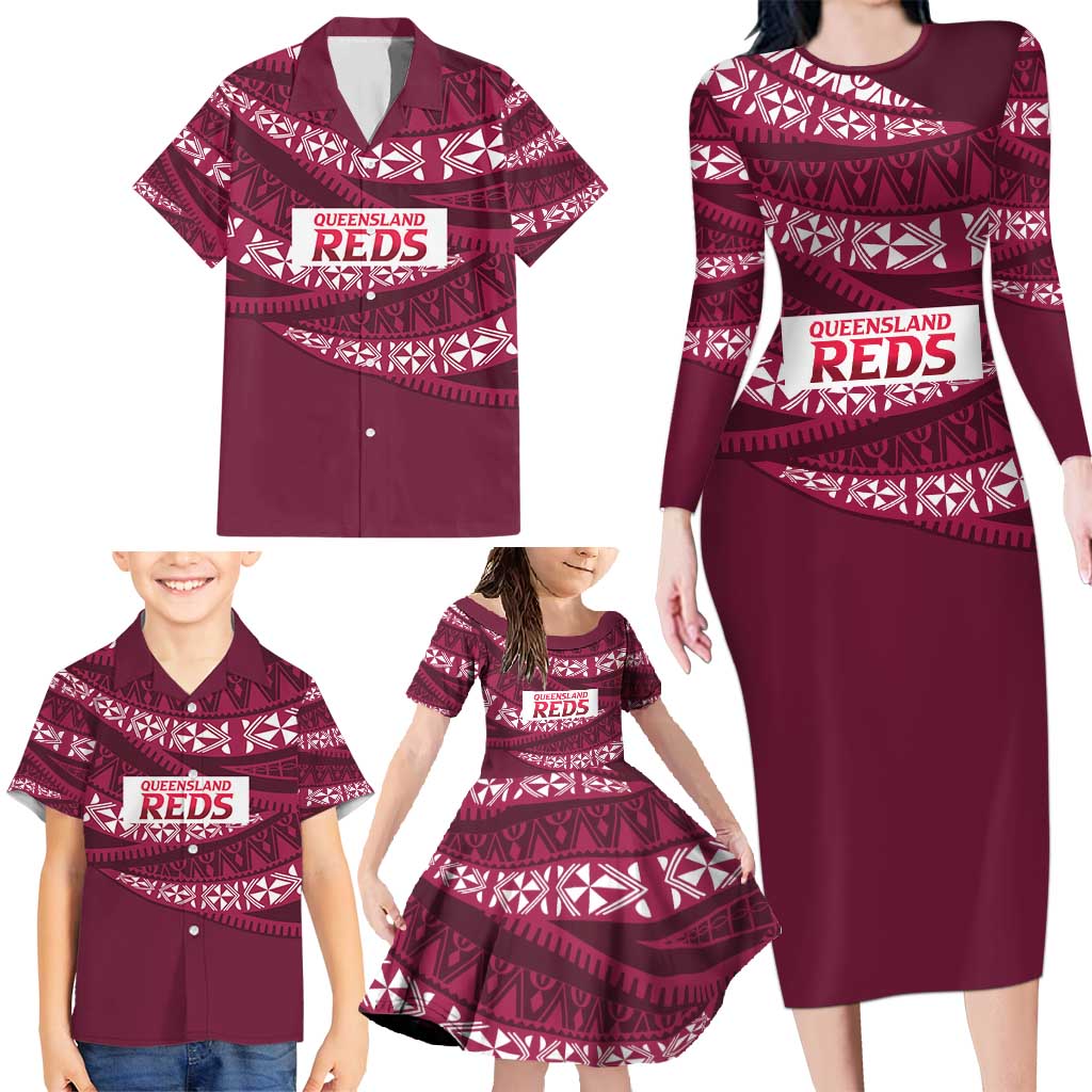 Queensland Rugby Pacific Custom Family Matching Long Sleeve Bodycon Dress and Hawaiian Shirt Pasifika Tapa Pattern