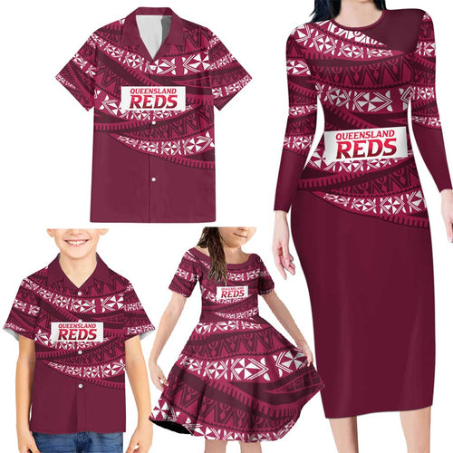 Queensland Rugby Pacific Custom Family Matching Long Sleeve Bodycon Dress and Hawaiian Shirt Pasifika Tapa Pattern