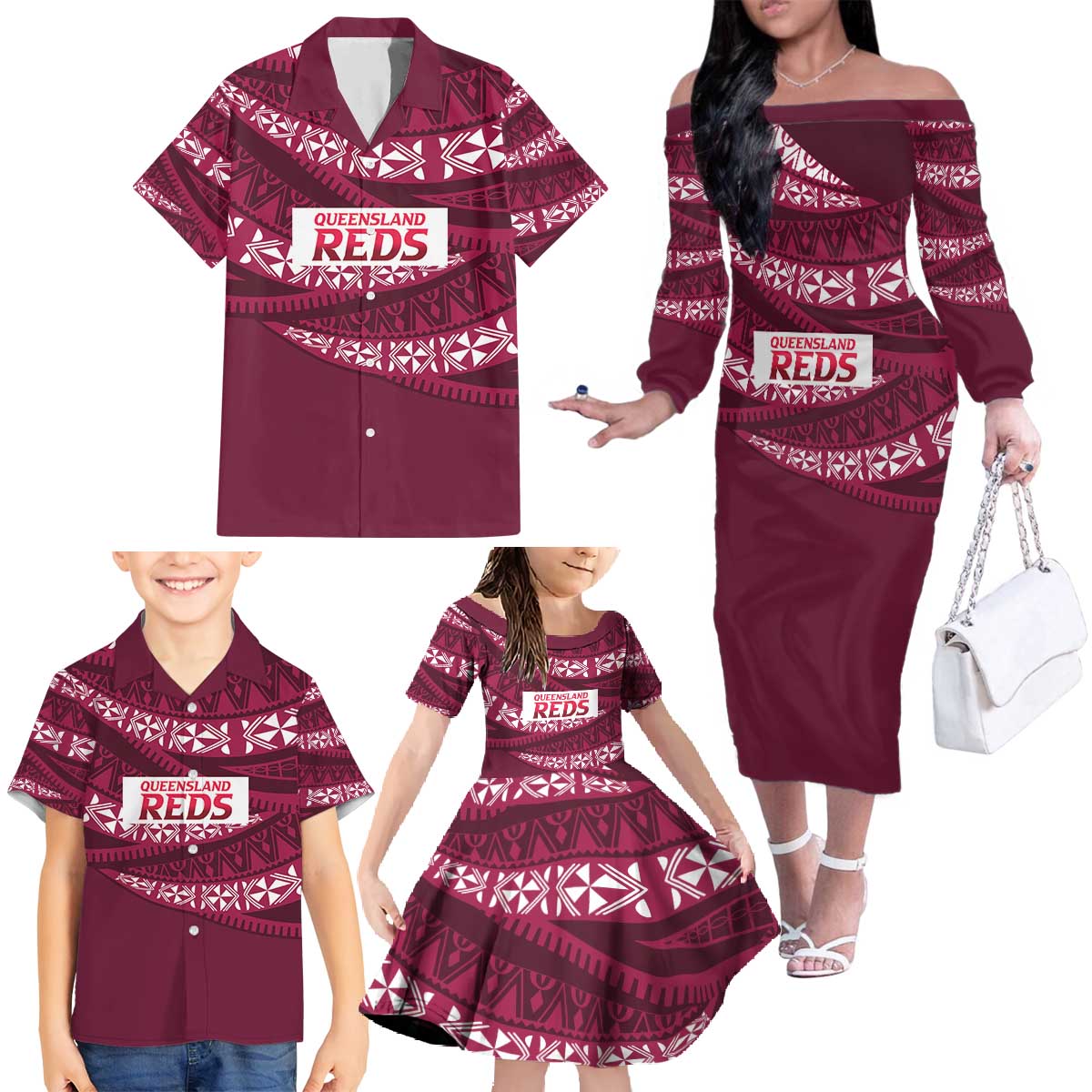 Queensland Rugby Pacific Custom Family Matching Off The Shoulder Long Sleeve Dress and Hawaiian Shirt Pasifika Tapa Pattern