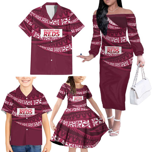 Queensland Rugby Pacific Custom Family Matching Off The Shoulder Long Sleeve Dress and Hawaiian Shirt Pasifika Tapa Pattern