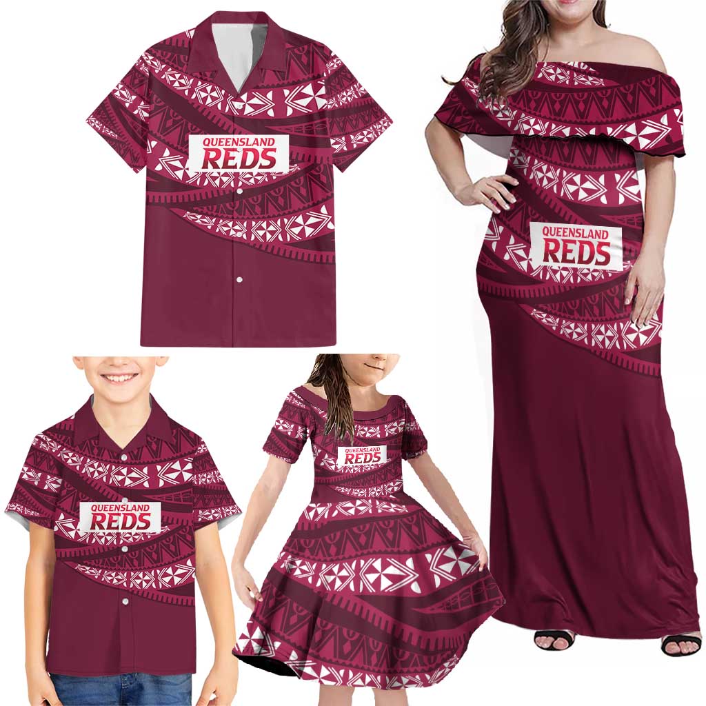 Queensland Rugby Pacific Custom Family Matching Off Shoulder Maxi Dress and Hawaiian Shirt Pasifika Tapa Pattern
