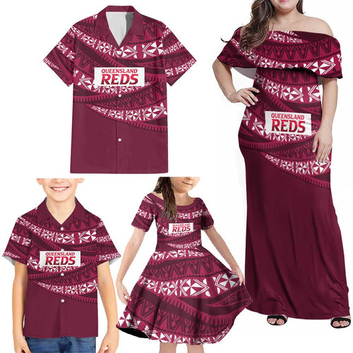 Queensland Rugby Pacific Custom Family Matching Off Shoulder Maxi Dress and Hawaiian Shirt Pasifika Tapa Pattern