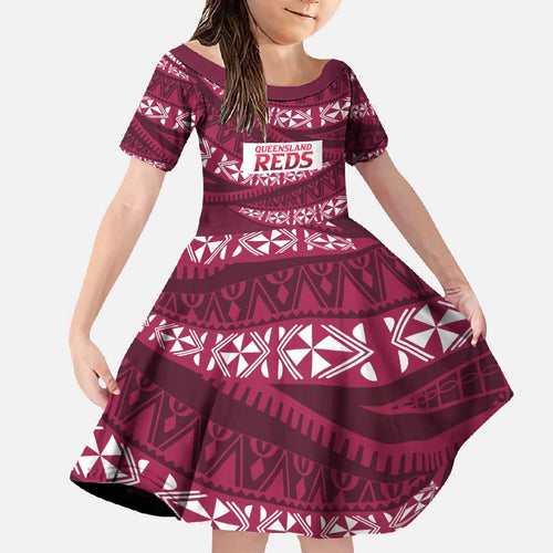 Queensland Rugby Pacific Custom Family Matching Off Shoulder Maxi Dress and Hawaiian Shirt Pasifika Tapa Pattern