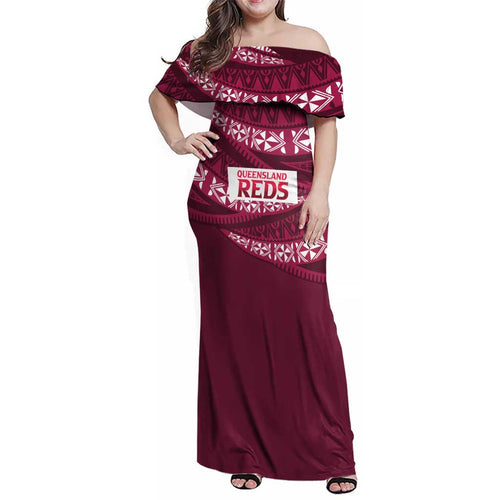 Queensland Rugby Pacific Custom Family Matching Off Shoulder Maxi Dress and Hawaiian Shirt Pasifika Tapa Pattern