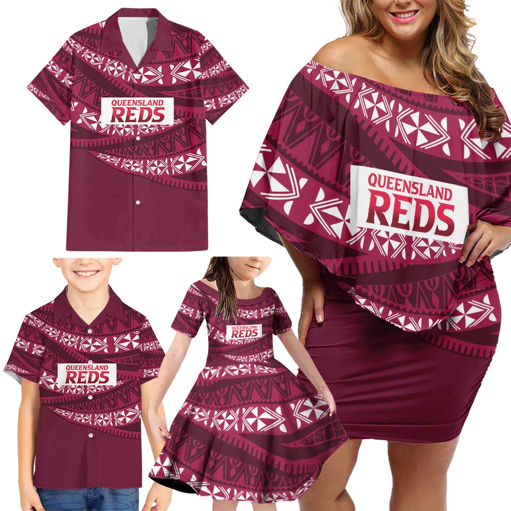 Queensland Rugby Pacific Custom Family Matching Off Shoulder Short Dress and Hawaiian Shirt Pasifika Tapa Pattern