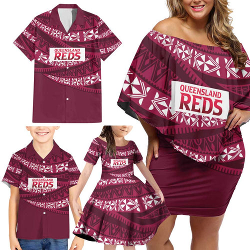 Queensland Rugby Pacific Custom Family Matching Off Shoulder Short Dress and Hawaiian Shirt Pasifika Tapa Pattern