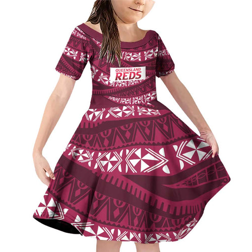 Queensland Rugby Pacific Custom Family Matching Off Shoulder Short Dress and Hawaiian Shirt Pasifika Tapa Pattern