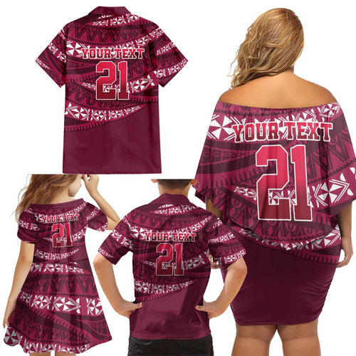 Queensland Rugby Pacific Custom Family Matching Off Shoulder Short Dress and Hawaiian Shirt Pasifika Tapa Pattern