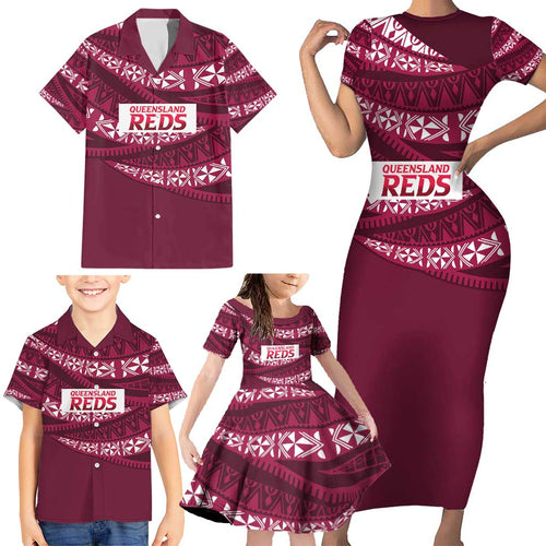 Queensland Rugby Pacific Custom Family Matching Short Sleeve Bodycon Dress and Hawaiian Shirt Pasifika Tapa Pattern