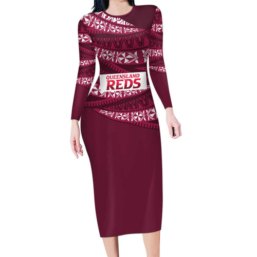 Queensland Rugby Pacific Custom Long Sleeve Bodycon Dress Pasifika Tapa Pattern