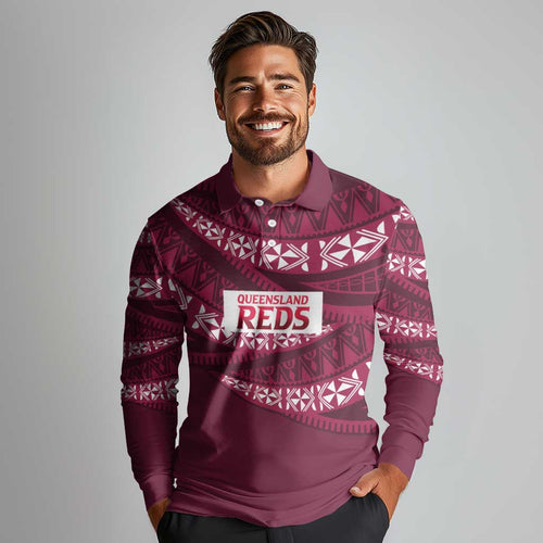 Queensland Rugby Pacific Custom Long Sleeve Polo Shirt Pasifika Tapa Pattern