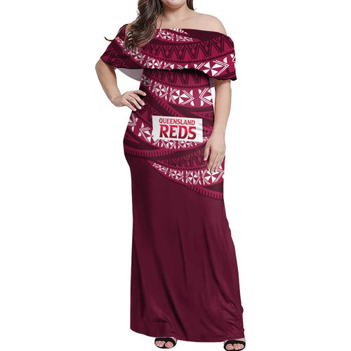 Queensland Rugby Pacific Custom Off Shoulder Maxi Dress Pasifika Tapa Pattern