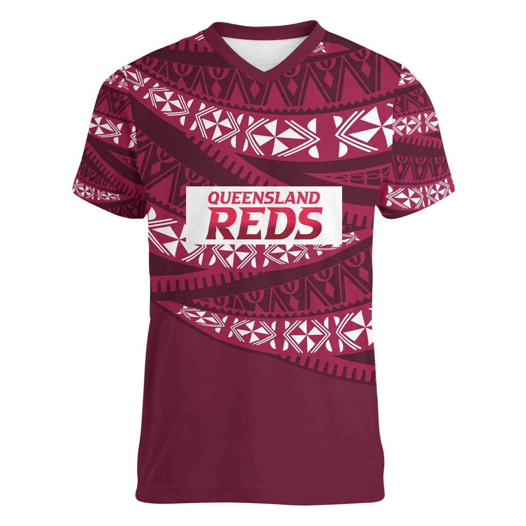 Queensland Rugby Pacific Custom Women V-Neck T-Shirt Pasifika Tapa Pattern