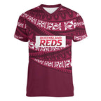 Queensland Rugby Pacific Custom Women V-Neck T-Shirt Pasifika Tapa Pattern