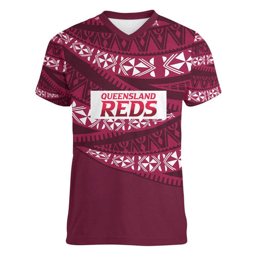 Queensland Rugby Pacific Custom Women V-Neck T-Shirt Pasifika Tapa Pattern