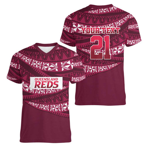 Queensland Rugby Pacific Custom Women V-Neck T-Shirt Pasifika Tapa Pattern