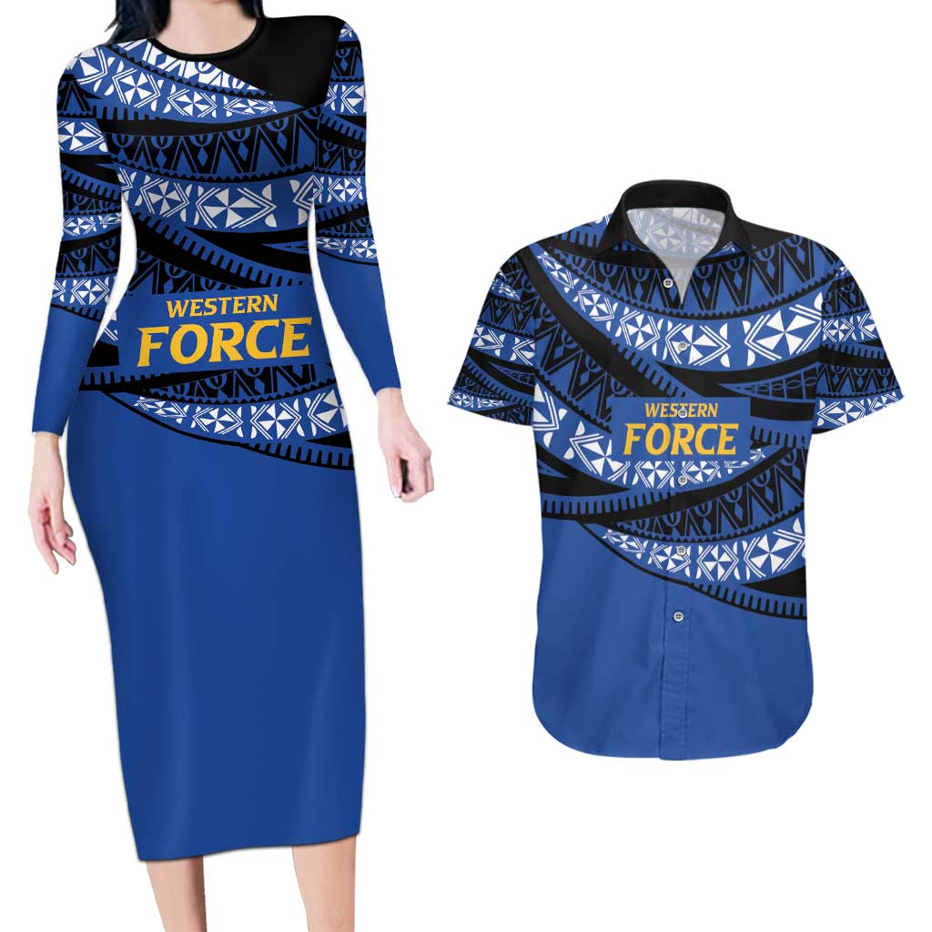 Western Australia Rugby Pacific Custom Couples Matching Long Sleeve Bodycon Dress and Hawaiian Shirt Pasifika Tapa Pattern