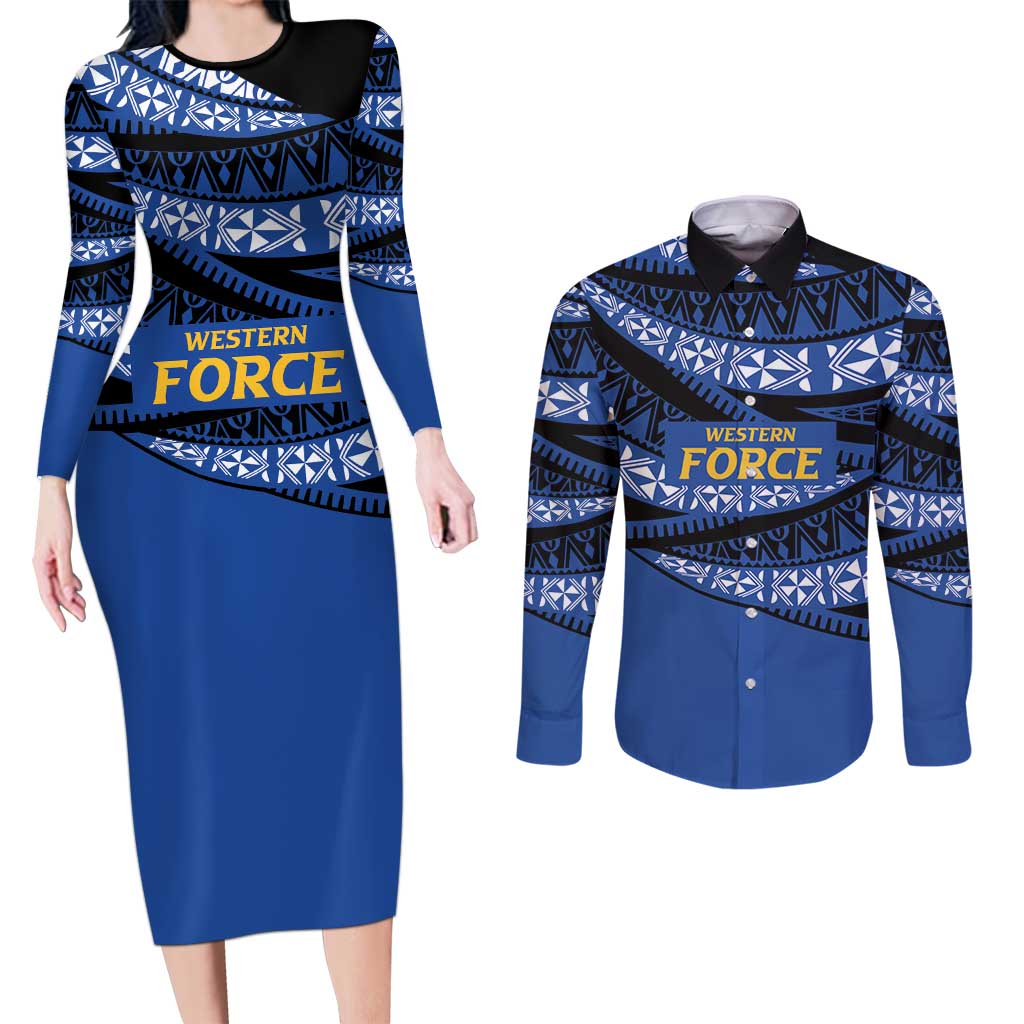 Western Australia Rugby Pacific Custom Couples Matching Long Sleeve Bodycon Dress and Long Sleeve Button Shirt Pasifika Tapa Pattern
