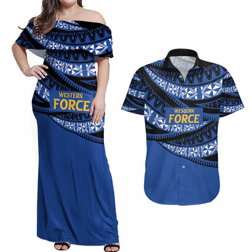 Western Australia Rugby Pacific Custom Couples Matching Off Shoulder Maxi Dress and Hawaiian Shirt Pasifika Tapa Pattern