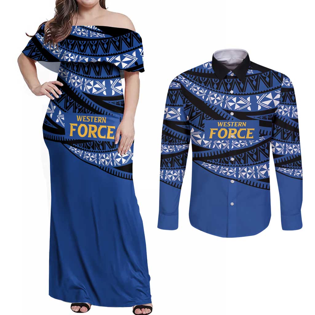 Western Australia Rugby Pacific Custom Couples Matching Off Shoulder Maxi Dress and Long Sleeve Button Shirt Pasifika Tapa Pattern