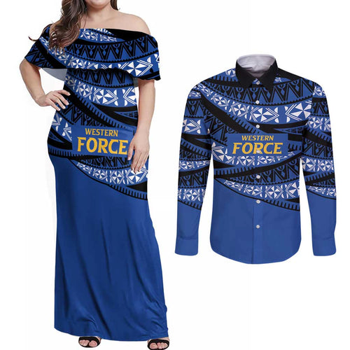 Western Australia Rugby Pacific Custom Couples Matching Off Shoulder Maxi Dress and Long Sleeve Button Shirt Pasifika Tapa Pattern