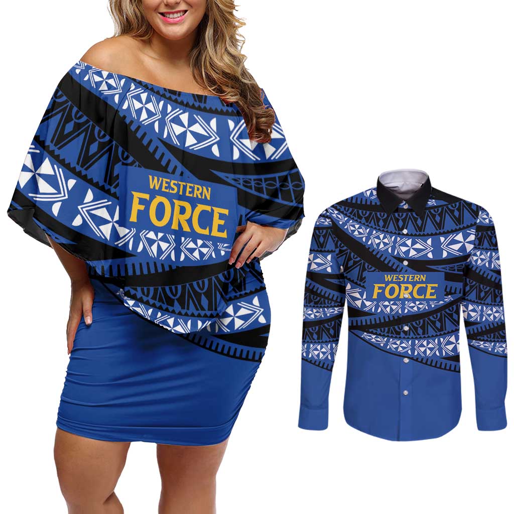 Western Australia Rugby Pacific Custom Couples Matching Off Shoulder Short Dress and Long Sleeve Button Shirt Pasifika Tapa Pattern