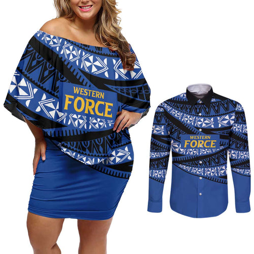 Western Australia Rugby Pacific Custom Couples Matching Off Shoulder Short Dress and Long Sleeve Button Shirt Pasifika Tapa Pattern