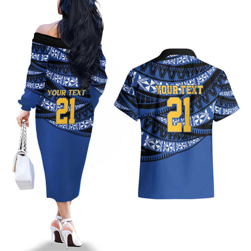 Western Australia Rugby Pacific Custom Couples Matching Off The Shoulder Long Sleeve Dress and Hawaiian Shirt Pasifika Tapa Pattern