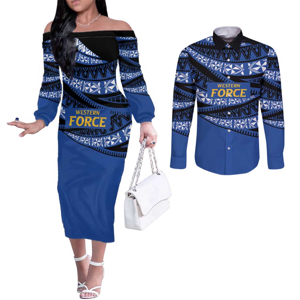 Western Australia Rugby Pacific Custom Couples Matching Off The Shoulder Long Sleeve Dress and Long Sleeve Button Shirt Pasifika Tapa Pattern