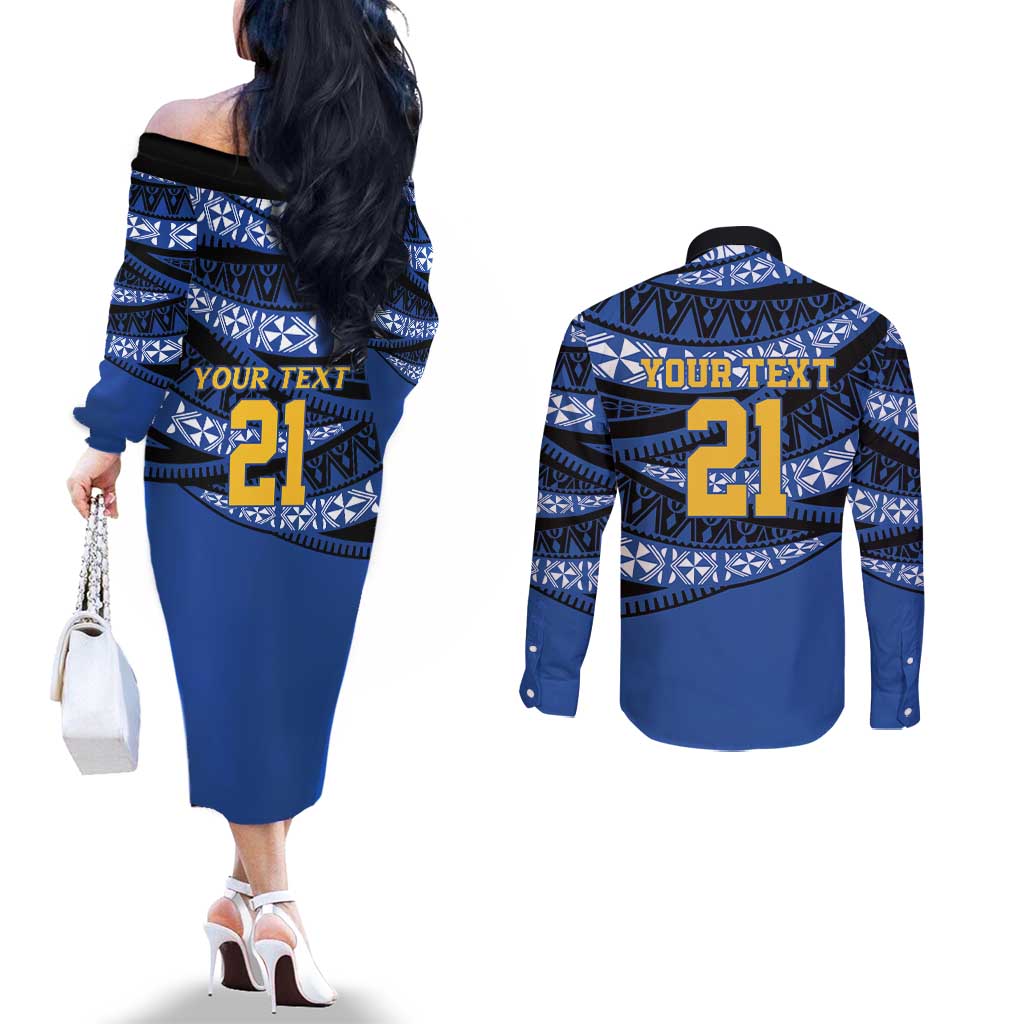 Western Australia Rugby Pacific Custom Couples Matching Off The Shoulder Long Sleeve Dress and Long Sleeve Button Shirt Pasifika Tapa Pattern