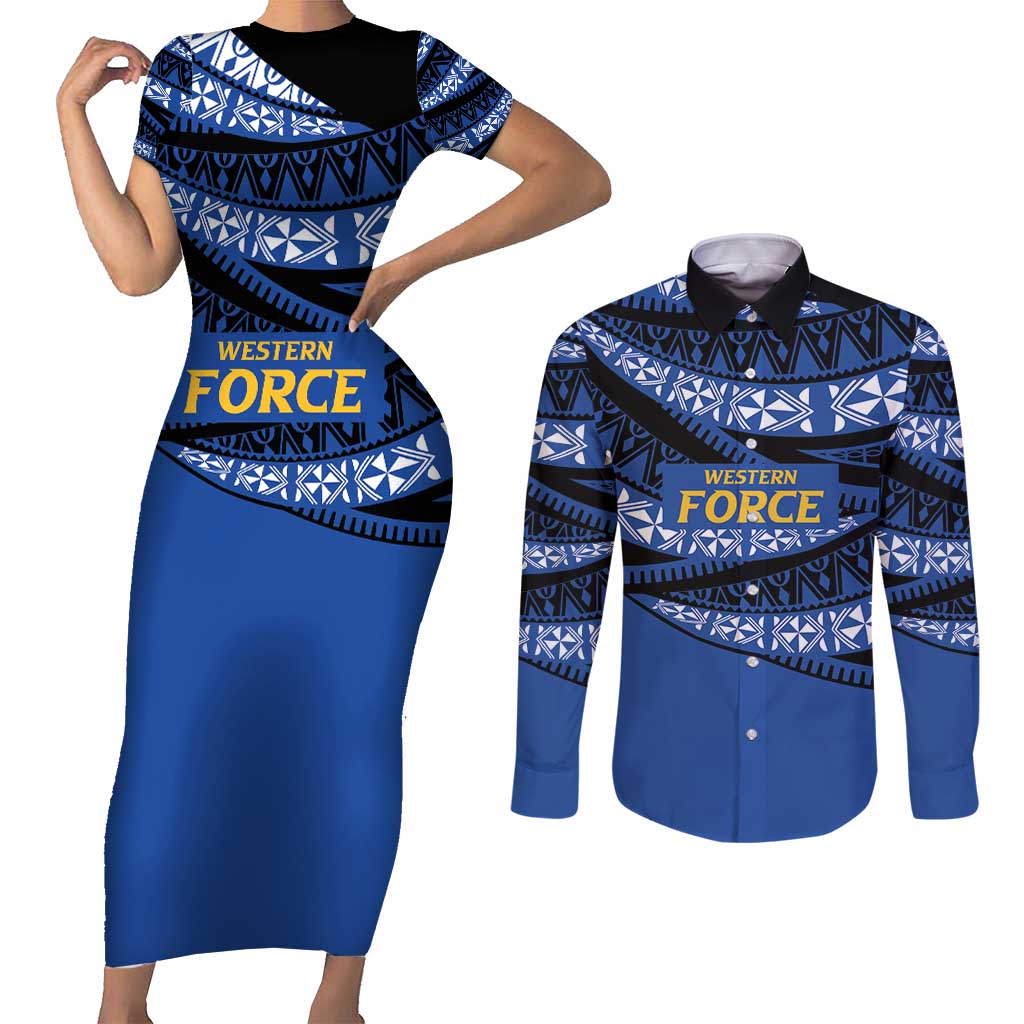 Western Australia Rugby Pacific Custom Couples Matching Short Sleeve Bodycon Dress and Long Sleeve Button Shirt Pasifika Tapa Pattern