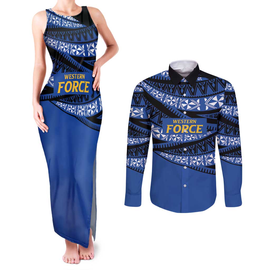 Western Australia Rugby Pacific Custom Couples Matching Tank Maxi Dress and Long Sleeve Button Shirt Pasifika Tapa Pattern