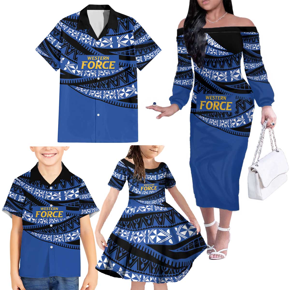 Western Australia Rugby Pacific Custom Family Matching Off The Shoulder Long Sleeve Dress and Hawaiian Shirt Pasifika Tapa Pattern