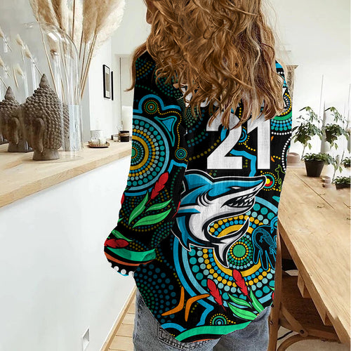 Custom Sharks Rugby Aboriginal Art Women Casual Shirt NAIDOC Indigenous Tribal LT9
