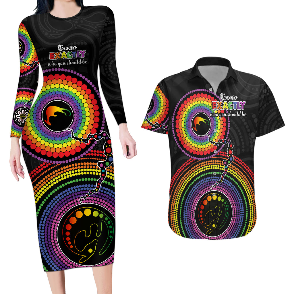 australia-lgbt-couples-matching-long-sleeve-bodycon-dress-and-hawaiian-shirt-you-are-exactly-who-you-should-be-aboriginal-style