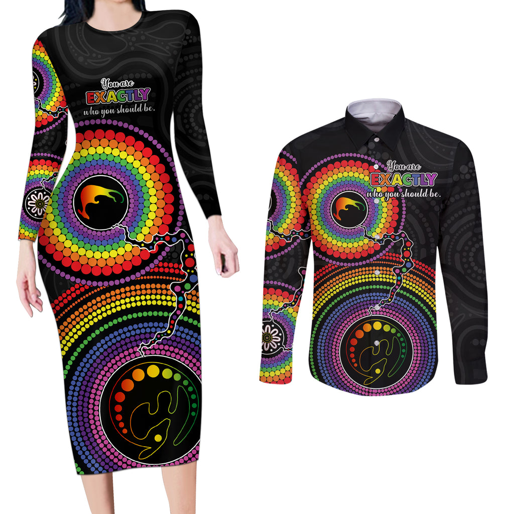 australia-lgbt-couples-matching-long-sleeve-bodycon-dress-and-long-sleeve-button-shirts-you-are-exactly-who-you-should-be-aboriginal-style