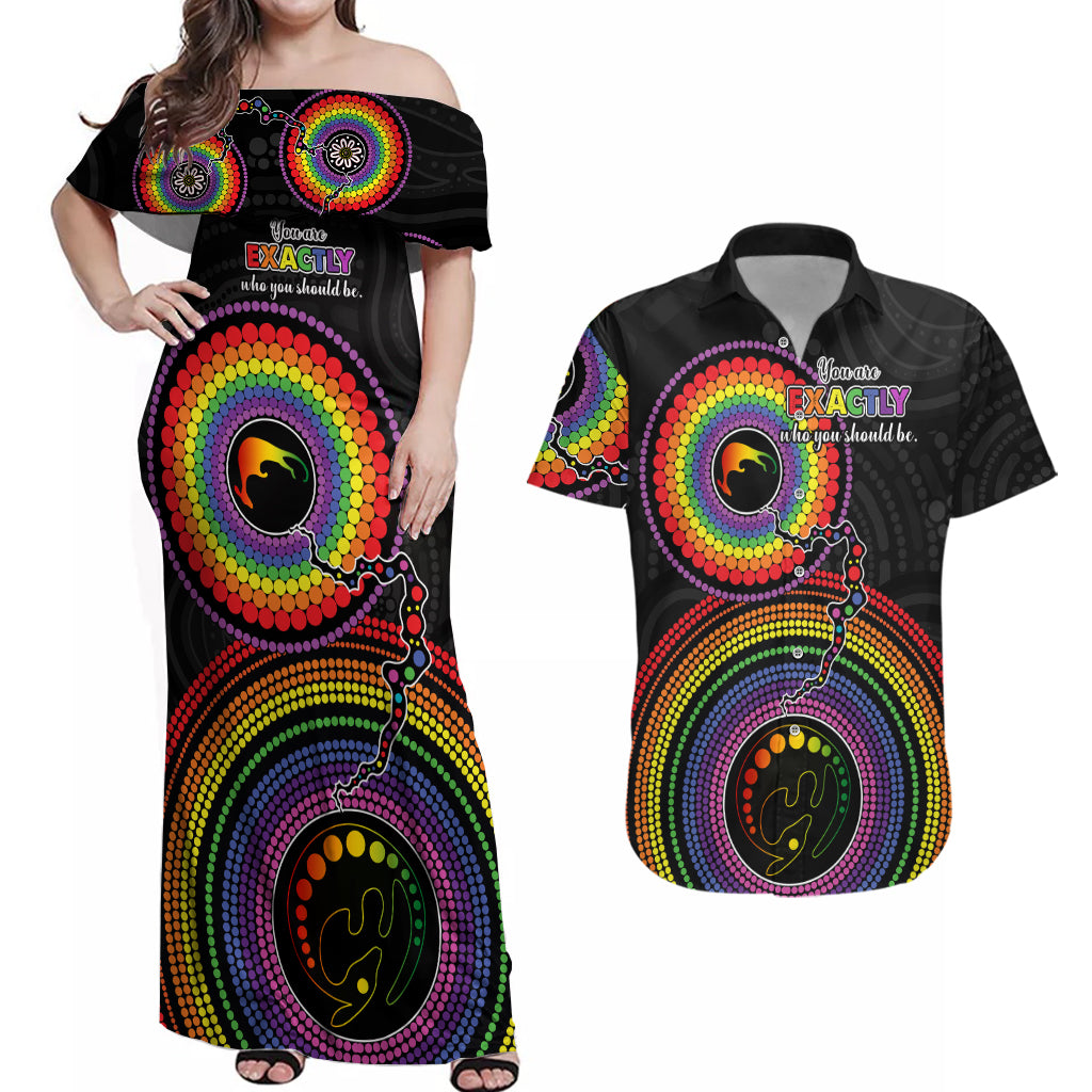 australia-lgbt-couples-matching-off-shoulder-maxi-dress-and-hawaiian-shirt-you-are-exactly-who-you-should-be-aboriginal-style