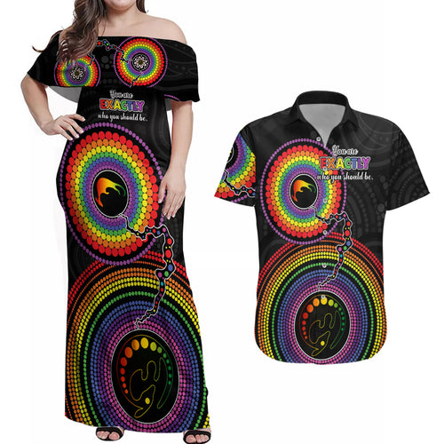 australia-lgbt-couples-matching-off-shoulder-maxi-dress-and-hawaiian-shirt-you-are-exactly-who-you-should-be-aboriginal-style