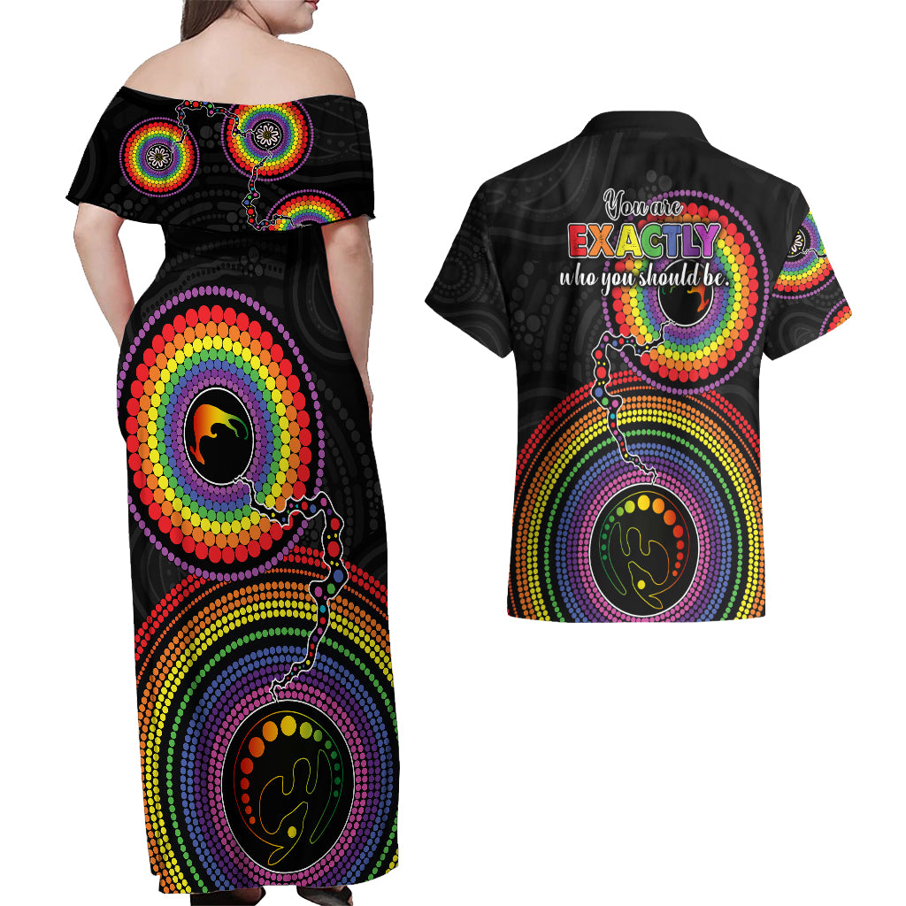 australia-lgbt-couples-matching-off-shoulder-maxi-dress-and-hawaiian-shirt-you-are-exactly-who-you-should-be-aboriginal-style