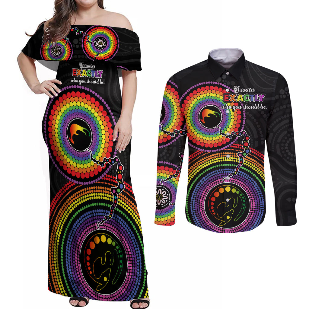 australia-lgbt-couples-matching-off-shoulder-maxi-dress-and-long-sleeve-button-shirts-you-are-exactly-who-you-should-be-aboriginal-style