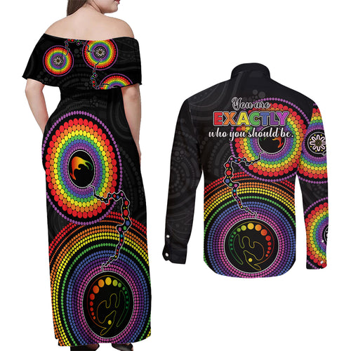 australia-lgbt-couples-matching-off-shoulder-maxi-dress-and-long-sleeve-button-shirts-you-are-exactly-who-you-should-be-aboriginal-style