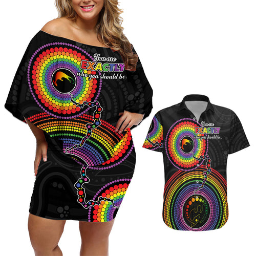 australia-lgbt-couples-matching-off-shoulder-short-dress-and-hawaiian-shirt-you-are-exactly-who-you-should-be-aboriginal-style