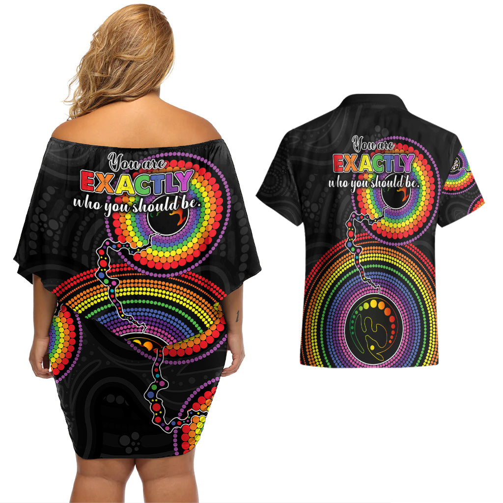 australia-lgbt-couples-matching-off-shoulder-short-dress-and-hawaiian-shirt-you-are-exactly-who-you-should-be-aboriginal-style