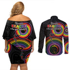 australia-lgbt-couples-matching-off-shoulder-short-dress-and-long-sleeve-button-shirts-you-are-exactly-who-you-should-be-aboriginal-style
